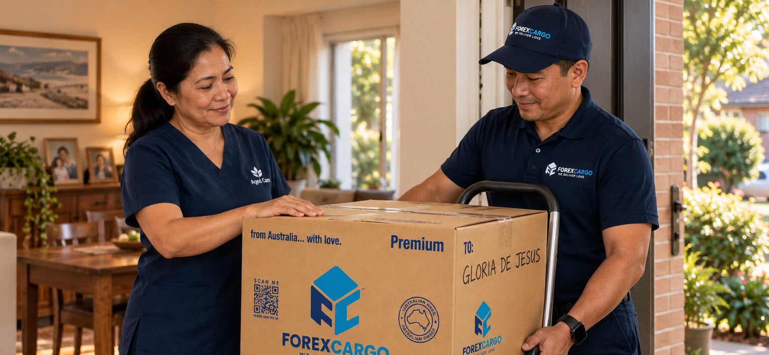 Liza handing her packed Forex Cargo box to Mark at her front door