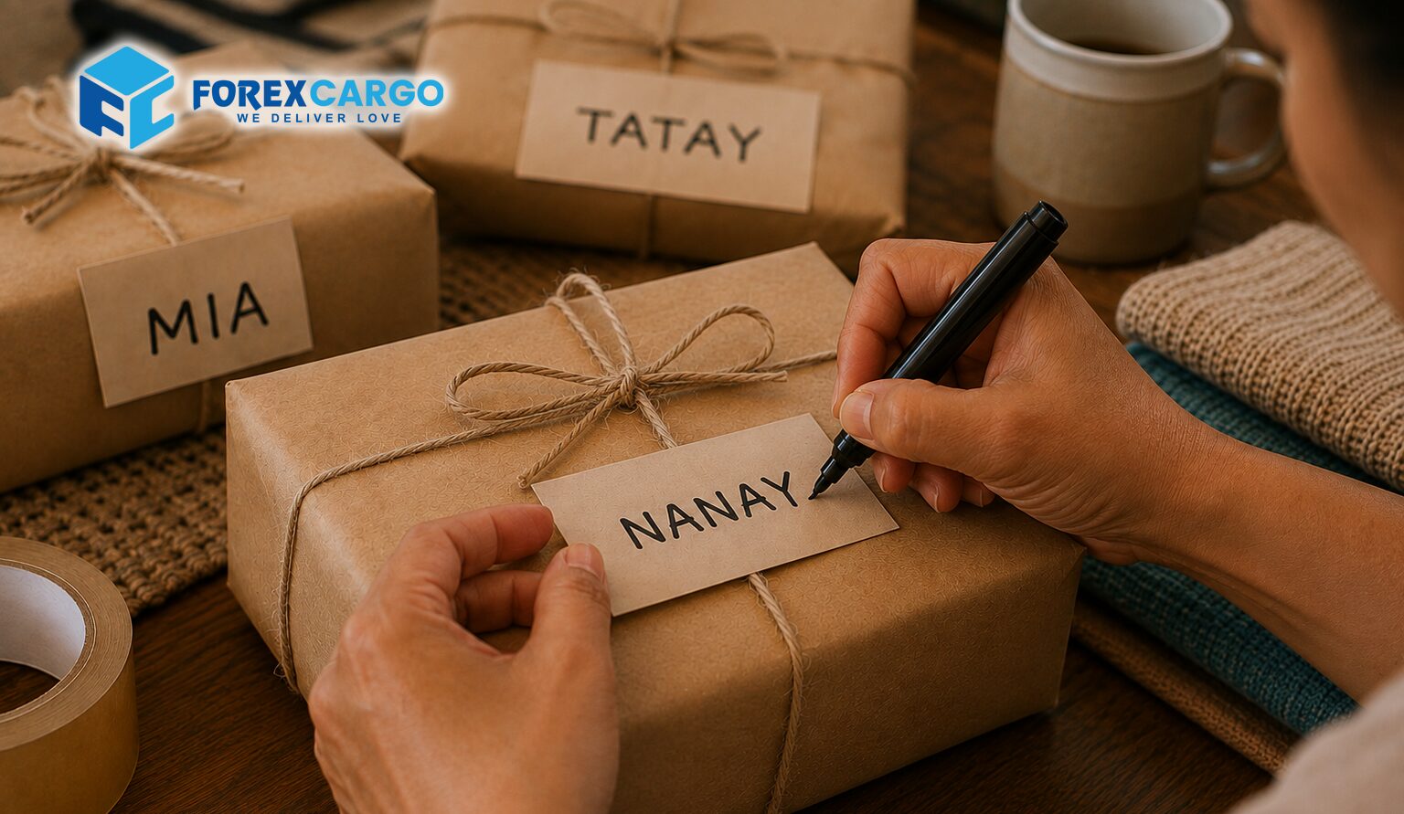 Brown paper packages labelled Mia, Tatay and Nanay being written on by hand