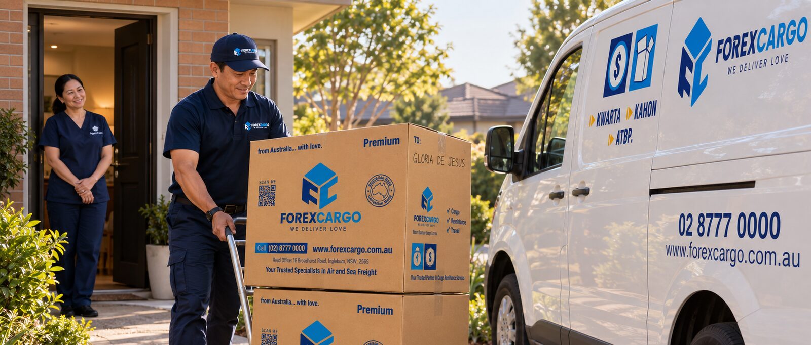 Mark wheeling Liza's boxes toward the Forex Cargo van while Liza watches from her doorway