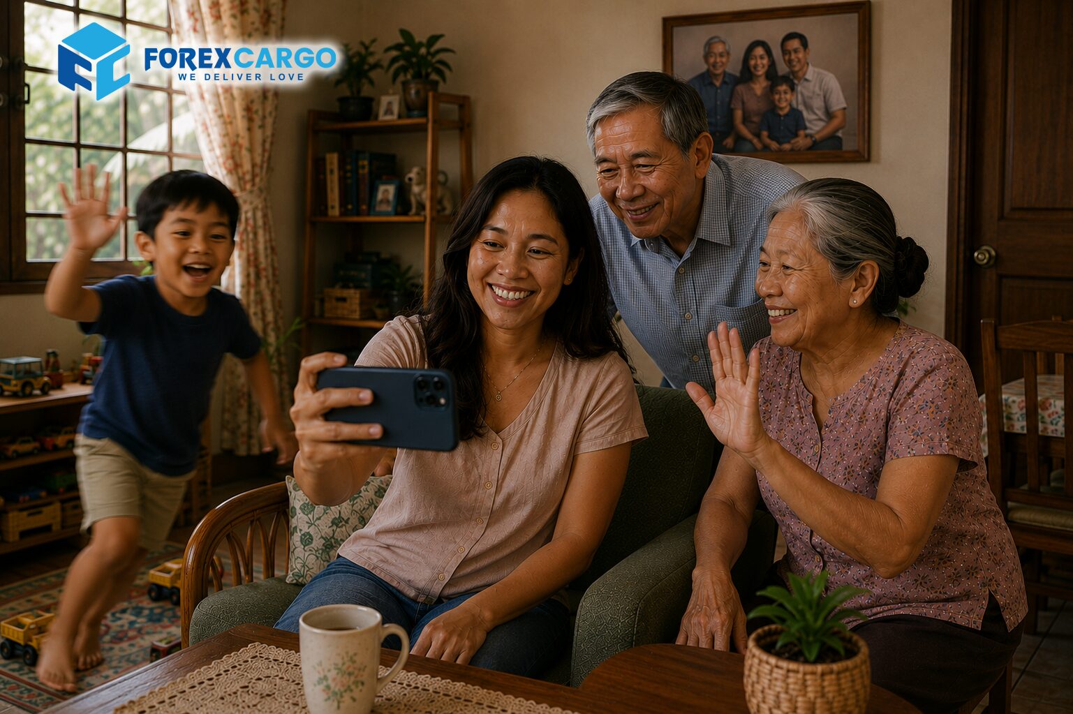 Nanay, Tatay, Mia and Nico back home in the Philippines waving on a video call