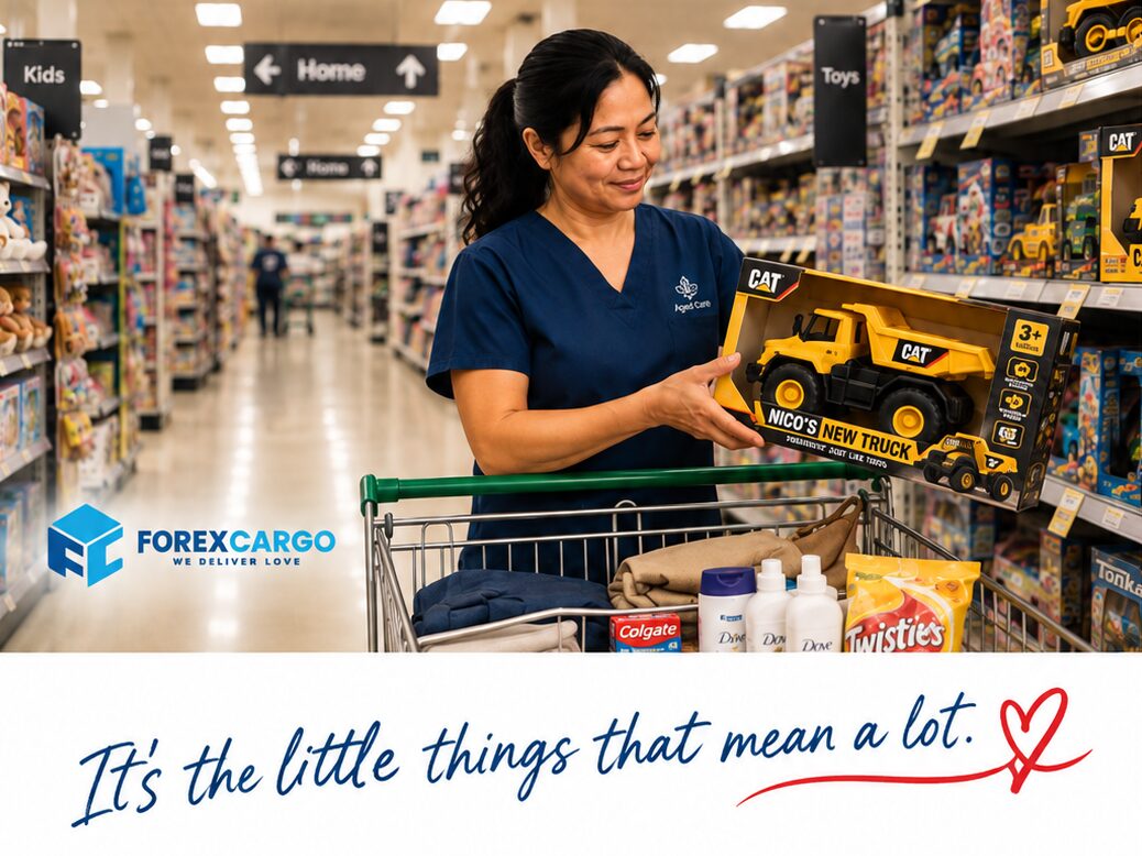 Liza in a toy aisle holding a boxed yellow truck labelled Nico's new truck